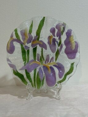 Sydenstricker Fused Art Glass Plate Bowl Iris Floral Pattern Ruffled Edges USA